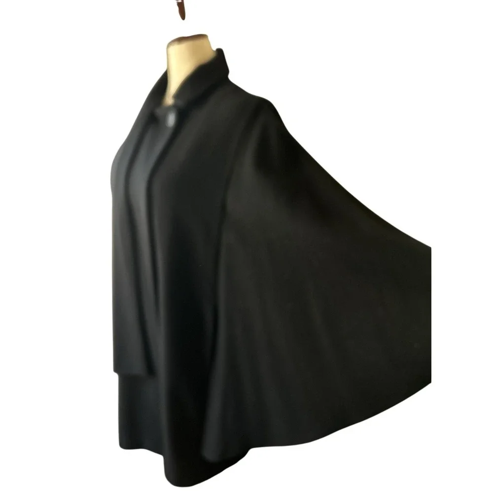 Vintage Black Cape Coat 100% Wool Women's Velvet Scarf Pockets Size Large - Picture 9 of 13